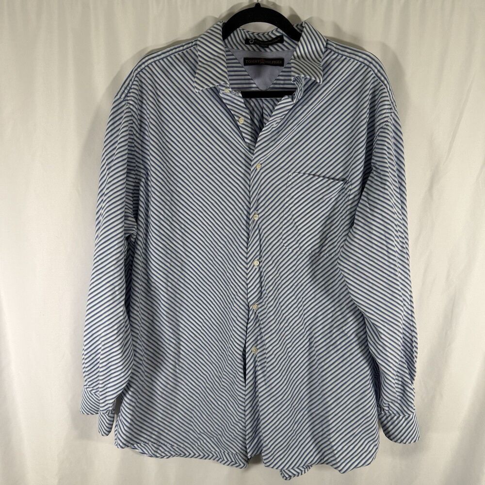 Tommy Hilfiger Dress Shirt 17.5 34/35 White Blue Striped Button Long Sleeve TLC